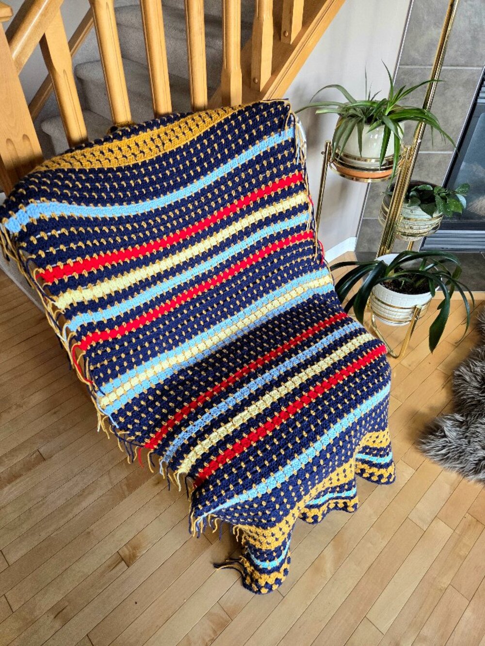 Handmade Blanket Throw Afghan Multicolored Bohemian Boho Cozy Straps - Picture 2 of 6